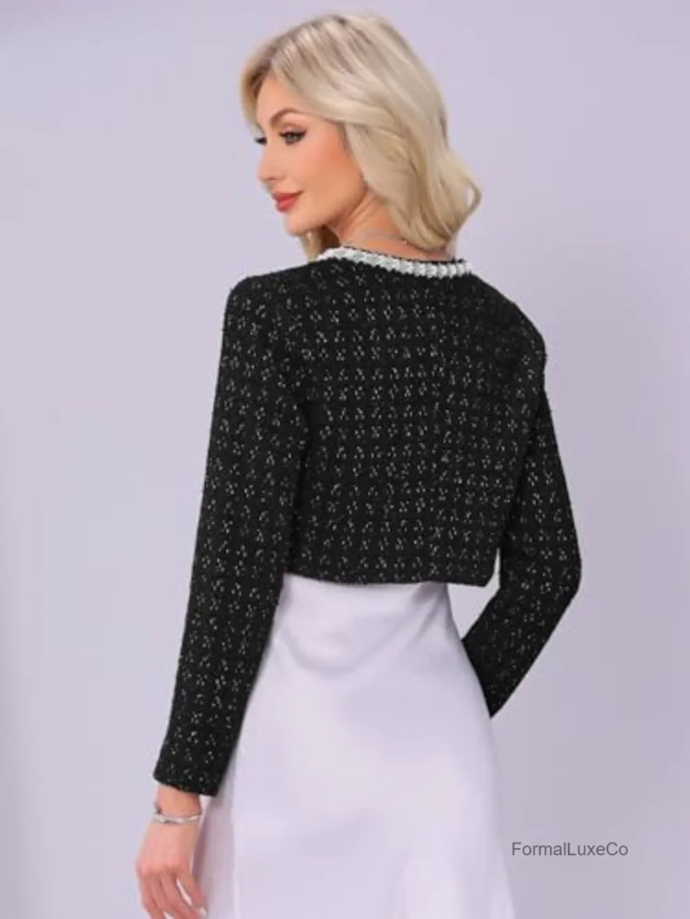 Tweed Cropped Long Sleeve Open Front Office Jacket Sequined Trim